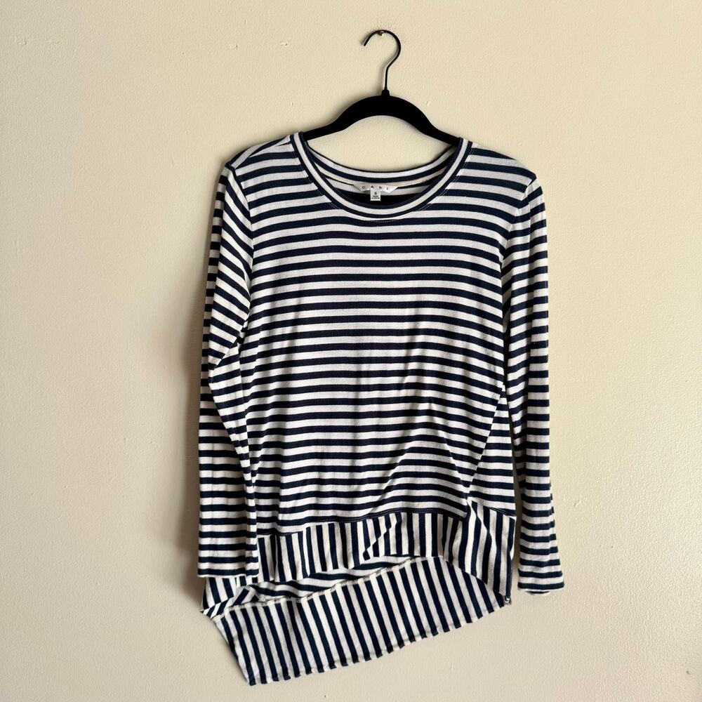 Cabi Blue + White Bengal Stripe Asymmetrical Long Sleeve Tee - Small